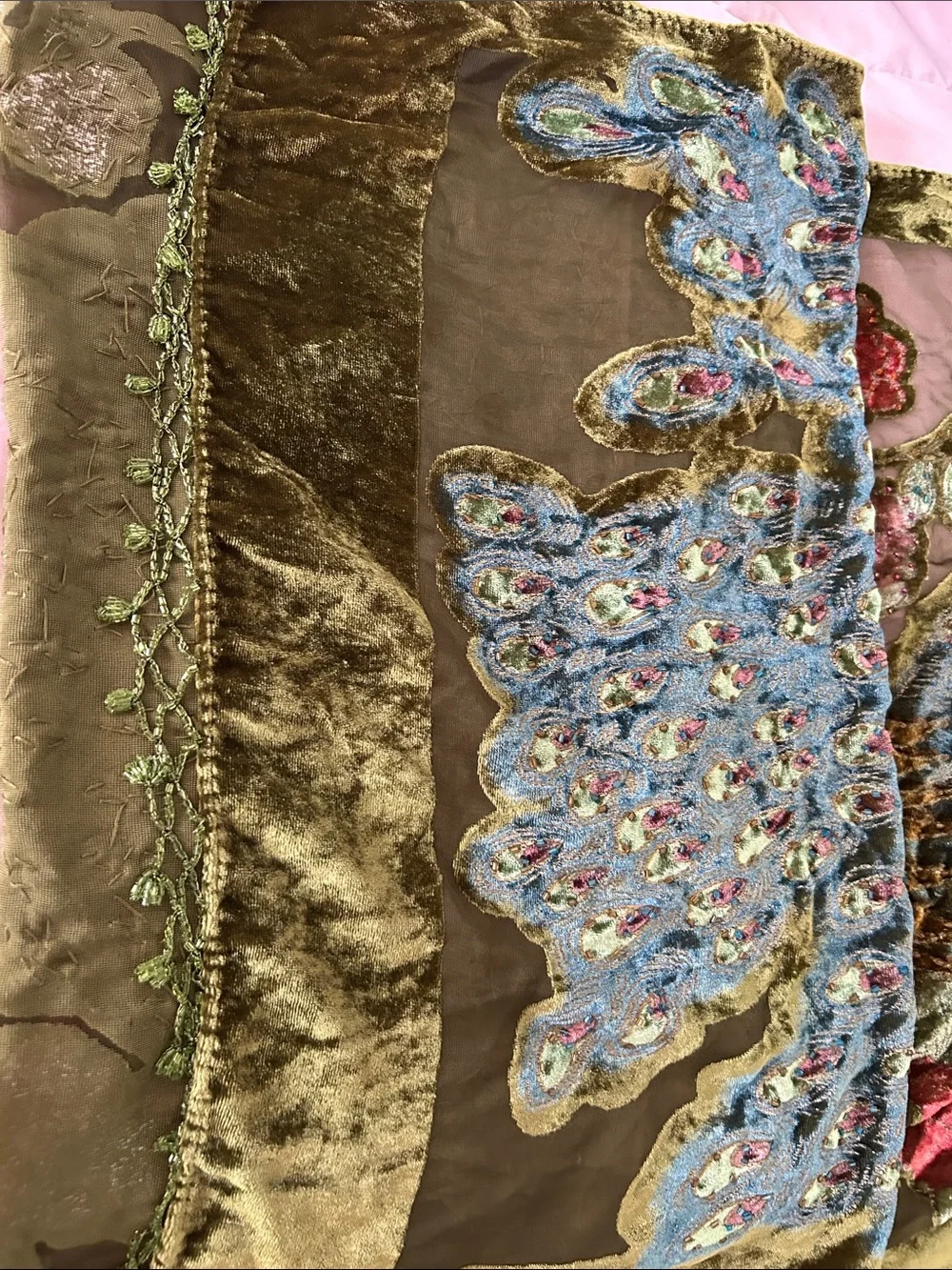 Olive Green Velvet Floral Throw Scarf